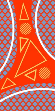 Modern Soyut Mozaik Geometrik Şekiller ve Süslü Vektör Tasarımı. Geometrik şekillerin mozaiğiyle soyut arkaplan süslemeleri. Memphis tarzı sanat ile poster için soyut arkaplan.