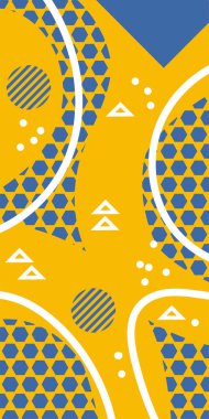 Modern Soyut Mozaik Geometrik Şekiller ve Süslü Vektör Tasarımı. Geometrik şekillerin mozaiğiyle soyut arkaplan süslemeleri. Memphis tarzı sanat ile poster için soyut arkaplan.