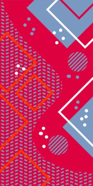 Modern Soyut Mozaik Geometrik Şekiller ve Süslü Vektör Tasarımı. Geometrik şekillerin mozaiğiyle soyut arkaplan süslemeleri. Memphis tarzı sanat ile poster için soyut arkaplan.