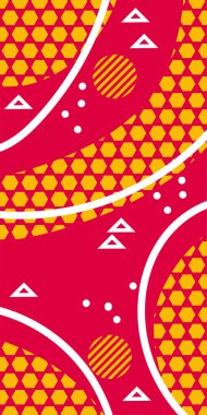 Modern Soyut Mozaik Geometrik Şekiller ve Süslü Vektör Tasarımı. Geometrik şekillerin mozaiğiyle soyut arkaplan süslemeleri. Memphis tarzı sanat ile poster için soyut arkaplan.