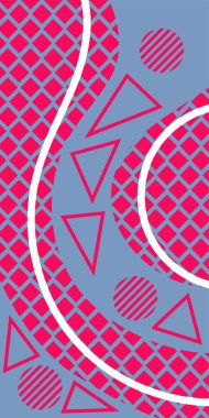 Modern Soyut Mozaik Geometrik Şekiller ve Süslü Vektör Tasarımı. Geometrik şekillerin mozaiğiyle soyut arkaplan süslemeleri. Memphis tarzı sanat ile poster için soyut arkaplan.