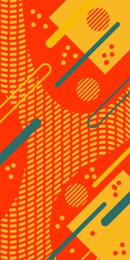 Modern Soyut Mozaik Geometrik Şekiller ve Süslü Vektör Tasarımı. Geometrik şekillerin mozaiğiyle soyut arkaplan süslemeleri. Memphis tarzı sanat ile poster için soyut arkaplan.