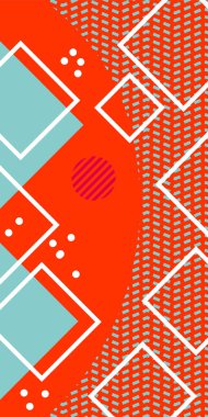 Modern Soyut Mozaik Geometrik Şekiller ve Süslü Vektör Tasarımı. Geometrik şekillerin mozaiğiyle soyut arkaplan süslemeleri. Memphis tarzı sanat ile poster için soyut arkaplan.