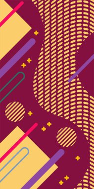 Modern Soyut Mozaik Geometrik Şekiller ve Süslü Vektör Tasarımı. Geometrik şekillerin mozaiğiyle soyut arkaplan süslemeleri. Memphis tarzı sanat ile poster için soyut arkaplan.