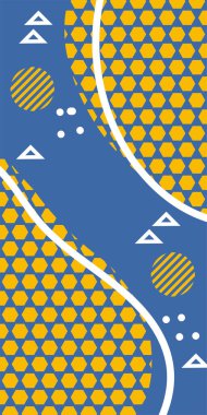 Modern Soyut Mozaik Geometrik Şekiller ve Süslü Vektör Tasarımı. Geometrik şekillerin mozaiğiyle soyut arkaplan süslemeleri. Memphis tarzı sanat ile poster için soyut arkaplan.