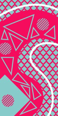 Modern Soyut Mozaik Geometrik Şekiller ve Süslü Vektör Tasarımı. Geometrik şekillerin mozaiğiyle soyut arkaplan süslemeleri. Memphis tarzı sanat ile poster için soyut arkaplan.