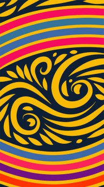 Vibrant Girdapları ve Gökkuşağı Çiçekleri 'nin soyut arka planı. Süslü girdaplı ve kıvrımlı gökkuşağı şekilli sanatsal arkaplan.