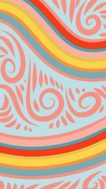 Vibrant Girdapları ve Gökkuşağı Çiçekleri 'nin soyut arka planı. Süslü girdaplı ve kıvrımlı gökkuşağı şekilli sanatsal arkaplan.