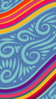 Vibrant Girdapları ve Gökkuşağı Çiçekleri 'nin soyut arka planı. Süslü girdaplı ve kıvrımlı gökkuşağı şekilli sanatsal arkaplan.