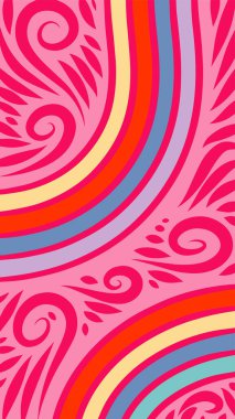 Vibrant Girdapları ve Gökkuşağı Çiçekleri 'nin soyut arka planı. Süslü girdaplı ve kıvrımlı gökkuşağı şekilli sanatsal arkaplan.