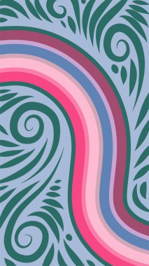 Vibrant Girdapları ve Gökkuşağı Çiçekleri 'nin soyut arka planı. Süslü girdaplı ve kıvrımlı gökkuşağı şekilli sanatsal arkaplan.