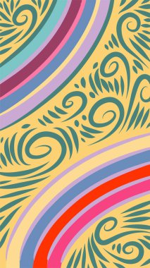 Vibrant Girdapları ve Gökkuşağı Çiçekleri 'nin soyut arka planı. Süslü girdaplı ve kıvrımlı gökkuşağı şekilli sanatsal arkaplan.