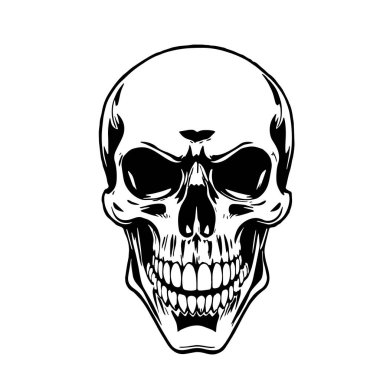 Tek renkli Kurukafa İllüstrasyon Vektör Sanatı. Kalın Kafatası Tasarımı - BW Vektör İllüzyonu. Grafik Kafatası Sanatı - Temiz Vektör Tasarımı. Tarz Kurukafa Vektörü - Siyah ve Beyaz Kırpma Sanatı.