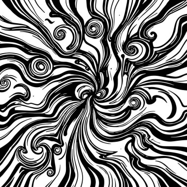 Soyut Girdap Akımı - Siyah ve Beyaz Vektör Sanat Arkaplanı. Dinamik Girdap Vuruşları - Tek Renkli Soyut Vektör Tasarımı. Sıvı Hareketleri - Minimalist Siyah ve Beyaz Vektör Grafiği.