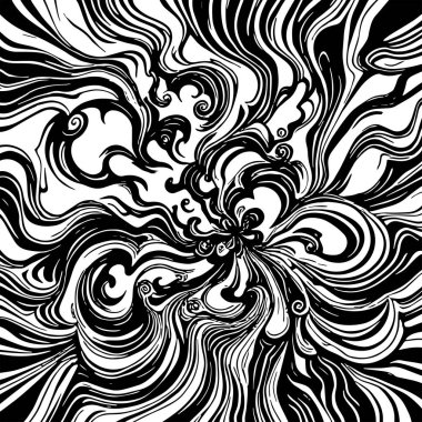 Soyut Girdap Akımı - Siyah ve Beyaz Vektör Sanat Arkaplanı. Dinamik Girdap Vuruşları - Tek Renkli Soyut Vektör Tasarımı. Sıvı Hareketleri - Minimalist Siyah ve Beyaz Vektör Grafiği.