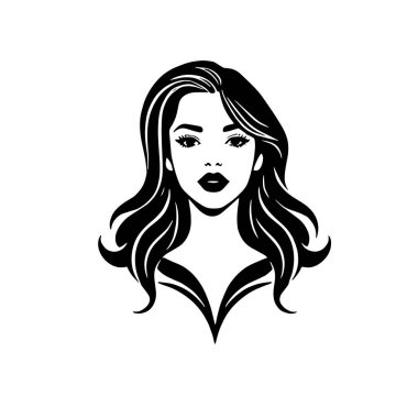 Çağdaş Salon Logoları 'na uygun cesur dalgalı saç çizgileri olan kadın portresi. Romantik Dalgalı Saçlı Bir Kadının Tek Renkli Çizimi, Retro Güzellik Markaları İçin Harika.