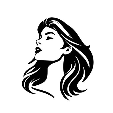 Çağdaş Salon Logoları 'na uygun cesur dalgalı saç çizgileri olan kadın portresi. Romantik Dalgalı Saçlı Bir Kadının Tek Renkli Çizimi, Retro Güzellik Markaları İçin Harika.
