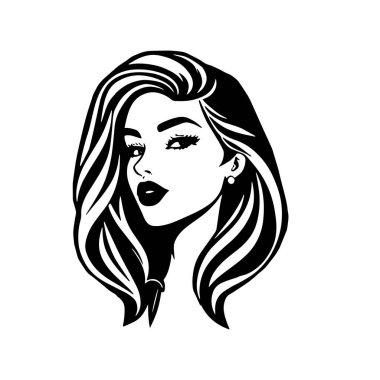 Çağdaş Salon Logoları 'na uygun cesur dalgalı saç çizgileri olan kadın portresi. Romantik Dalgalı Saçlı Bir Kadının Tek Renkli Çizimi, Retro Güzellik Markaları İçin Harika.