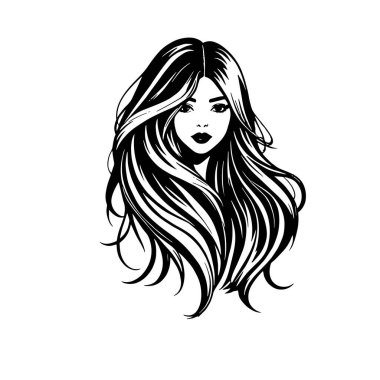 Çağdaş Salon Logoları 'na uygun cesur dalgalı saç çizgileri olan kadın portresi. Romantik Dalgalı Saçlı Bir Kadının Tek Renkli Çizimi, Retro Güzellik Markaları İçin Harika.