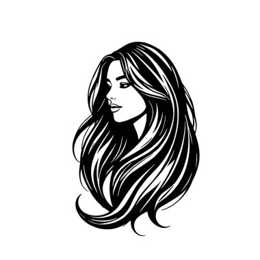Çağdaş Salon Logoları 'na uygun cesur dalgalı saç çizgileri olan kadın portresi. Romantik Dalgalı Saçlı Bir Kadının Tek Renkli Çizimi, Retro Güzellik Markaları İçin Harika.