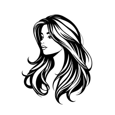 Çağdaş Salon Logoları 'na uygun cesur dalgalı saç çizgileri olan kadın portresi. Romantik Dalgalı Saçlı Bir Kadının Tek Renkli Çizimi, Retro Güzellik Markaları İçin Harika.