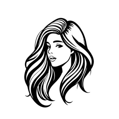 Çağdaş Salon Logoları 'na uygun cesur dalgalı saç çizgileri olan kadın portresi. Romantik Dalgalı Saçlı Bir Kadının Tek Renkli Çizimi, Retro Güzellik Markaları İçin Harika.