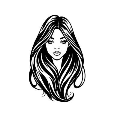 Çağdaş Salon Logoları 'na uygun cesur dalgalı saç çizgileri olan kadın portresi. Romantik Dalgalı Saçlı Bir Kadının Tek Renkli Çizimi, Retro Güzellik Markaları İçin Harika.