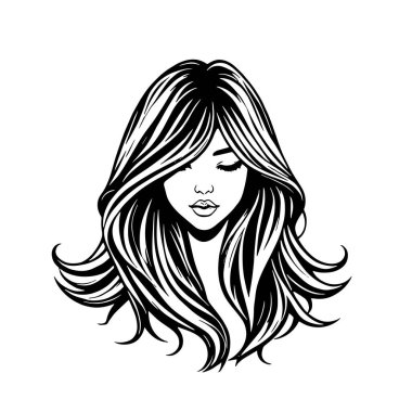 Çağdaş Salon Logoları 'na uygun cesur dalgalı saç çizgileri olan kadın portresi. Romantik Dalgalı Saçlı Bir Kadının Tek Renkli Çizimi, Retro Güzellik Markaları İçin Harika.