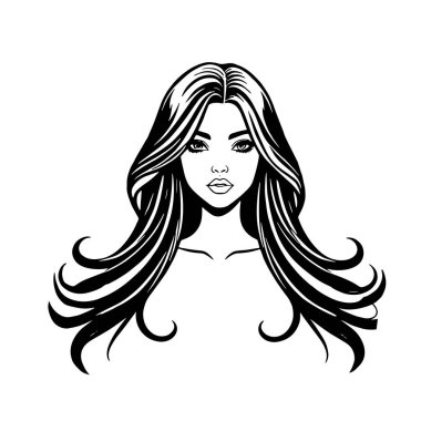 Çağdaş Salon Logoları 'na uygun cesur dalgalı saç çizgileri olan kadın portresi. Romantik Dalgalı Saçlı Bir Kadının Tek Renkli Çizimi, Retro Güzellik Markaları İçin Harika.