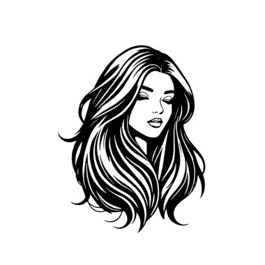Çağdaş Salon Logoları 'na uygun cesur dalgalı saç çizgileri olan kadın portresi. Romantik Dalgalı Saçlı Bir Kadının Tek Renkli Çizimi, Retro Güzellik Markaları İçin Harika.