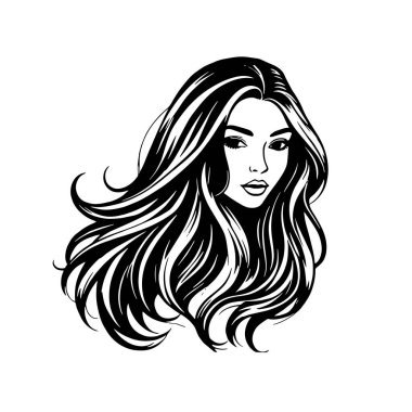 Çağdaş Salon Logoları 'na uygun cesur dalgalı saç çizgileri olan kadın portresi. Romantik Dalgalı Saçlı Bir Kadının Tek Renkli Çizimi, Retro Güzellik Markaları İçin Harika.