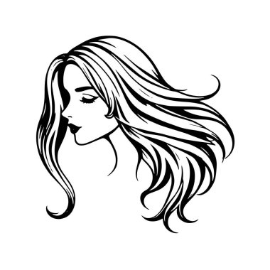 Çağdaş Salon Logoları 'na uygun cesur dalgalı saç çizgileri olan kadın portresi. Romantik Dalgalı Saçlı Bir Kadının Tek Renkli Çizimi, Retro Güzellik Markaları İçin Harika.