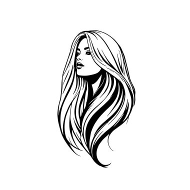 Çağdaş Salon Logoları 'na uygun cesur dalgalı saç çizgileri olan kadın portresi. Romantik Dalgalı Saçlı Bir Kadının Tek Renkli Çizimi, Retro Güzellik Markaları İçin Harika.
