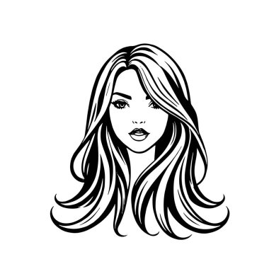 Çağdaş Salon Logoları 'na uygun cesur dalgalı saç çizgileri olan kadın portresi. Romantik Dalgalı Saçlı Bir Kadının Tek Renkli Çizimi, Retro Güzellik Markaları İçin Harika.