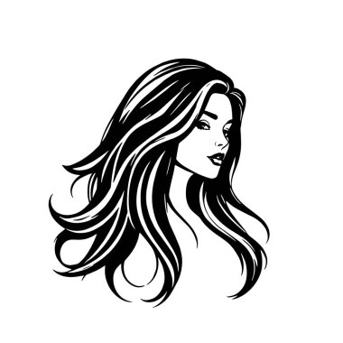 Çağdaş Salon Logoları 'na uygun cesur dalgalı saç çizgileri olan kadın portresi. Romantik Dalgalı Saçlı Bir Kadının Tek Renkli Çizimi, Retro Güzellik Markaları İçin Harika.