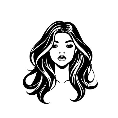 Çağdaş Salon Logoları 'na uygun cesur dalgalı saç çizgileri olan kadın portresi. Romantik Dalgalı Saçlı Bir Kadının Tek Renkli Çizimi, Retro Güzellik Markaları İçin Harika.