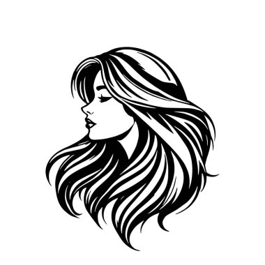 Çağdaş Salon Logoları 'na uygun cesur dalgalı saç çizgileri olan kadın portresi. Romantik Dalgalı Saçlı Bir Kadının Tek Renkli Çizimi, Retro Güzellik Markaları İçin Harika.