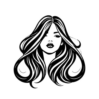 Çağdaş Salon Logoları 'na uygun cesur dalgalı saç çizgileri olan kadın portresi. Romantik Dalgalı Saçlı Bir Kadının Tek Renkli Çizimi, Retro Güzellik Markaları İçin Harika.