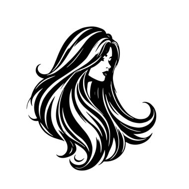 Çağdaş Salon Logoları 'na uygun cesur dalgalı saç çizgileri olan kadın portresi. Romantik Dalgalı Saçlı Bir Kadının Tek Renkli Çizimi, Retro Güzellik Markaları İçin Harika.
