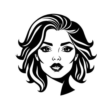 Çağdaş Salon Logoları 'na uygun cesur dalgalı saç çizgileri olan kadın portresi. Romantik Dalgalı Saçlı Bir Kadının Tek Renkli Çizimi, Retro Güzellik Markaları İçin Harika.