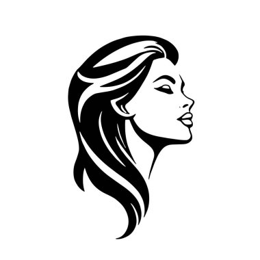 Çağdaş Salon Logoları 'na uygun cesur dalgalı saç çizgileri olan kadın portresi. Romantik Dalgalı Saçlı Bir Kadının Tek Renkli Çizimi, Retro Güzellik Markaları İçin Harika.