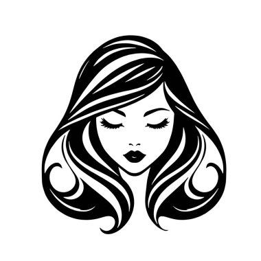 Çağdaş Salon Logoları 'na uygun cesur dalgalı saç çizgileri olan kadın portresi. Romantik Dalgalı Saçlı Bir Kadının Tek Renkli Çizimi, Retro Güzellik Markaları İçin Harika.