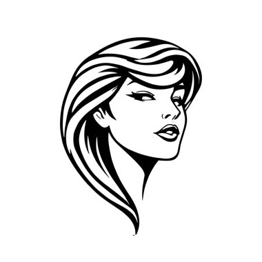 Çağdaş Salon Logoları 'na uygun cesur dalgalı saç çizgileri olan kadın portresi. Romantik Dalgalı Saçlı Bir Kadının Tek Renkli Çizimi, Retro Güzellik Markaları İçin Harika.