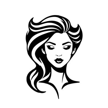 Çağdaş Salon Logoları 'na uygun cesur dalgalı saç çizgileri olan kadın portresi. Romantik Dalgalı Saçlı Bir Kadının Tek Renkli Çizimi, Retro Güzellik Markaları İçin Harika.