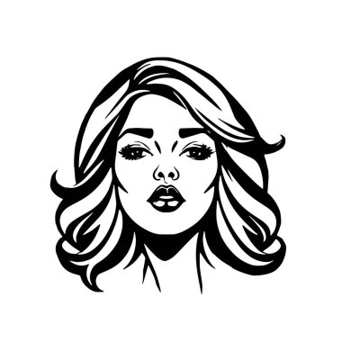 Çağdaş Salon Logoları 'na uygun cesur dalgalı saç çizgileri olan kadın portresi. Romantik Dalgalı Saçlı Bir Kadının Tek Renkli Çizimi, Retro Güzellik Markaları İçin Harika.