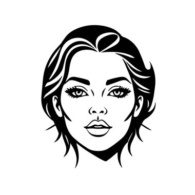 Çağdaş Salon Logoları 'na uygun cesur dalgalı saç çizgileri olan kadın portresi. Romantik Dalgalı Saçlı Bir Kadının Tek Renkli Çizimi, Retro Güzellik Markaları İçin Harika.