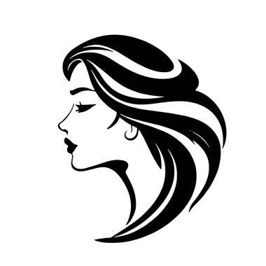 Çağdaş Salon Logoları 'na uygun cesur dalgalı saç çizgileri olan kadın portresi. Romantik Dalgalı Saçlı Bir Kadının Tek Renkli Çizimi, Retro Güzellik Markaları İçin Harika.