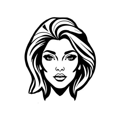 Çağdaş Salon Logoları 'na uygun cesur dalgalı saç çizgileri olan kadın portresi. Romantik Dalgalı Saçlı Bir Kadının Tek Renkli Çizimi, Retro Güzellik Markaları İçin Harika.