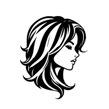 Çağdaş Salon Logoları 'na uygun cesur dalgalı saç çizgileri olan kadın portresi. Romantik Dalgalı Saçlı Bir Kadının Tek Renkli Çizimi, Retro Güzellik Markaları İçin Harika.