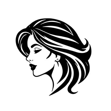 Çağdaş Salon Logoları 'na uygun cesur dalgalı saç çizgileri olan kadın portresi. Romantik Dalgalı Saçlı Bir Kadının Tek Renkli Çizimi, Retro Güzellik Markaları İçin Harika.